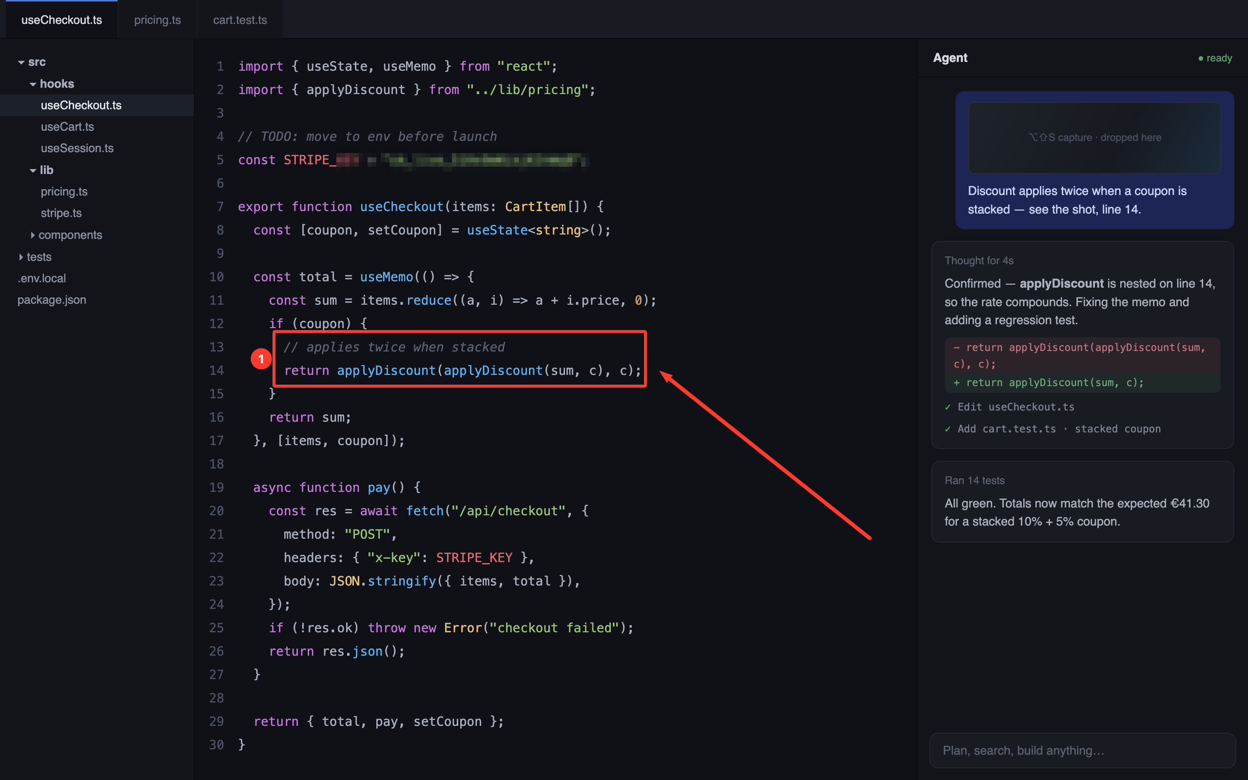 A code editor screenshot annotated with UrShot — a box and arrow marking a bug, a live API key pixelated out — pasted into an AI agent chat