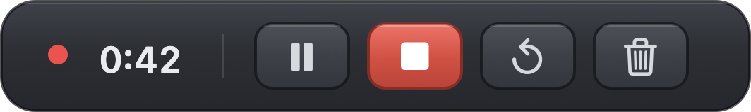 UrShot in-recording control bar: timer, pause, stop, restart, discard