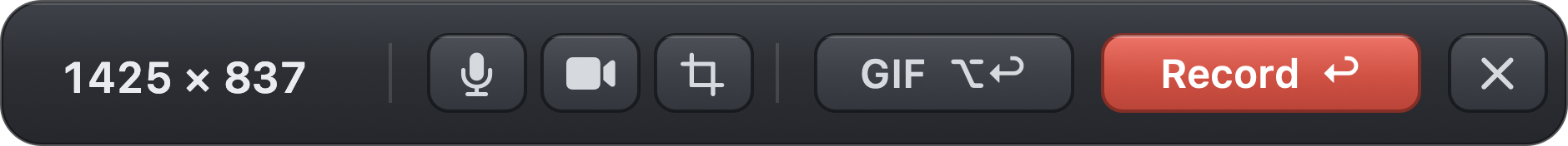 UrShot recording HUD with dimensions, mic and camera toggles, GIF and Record buttons